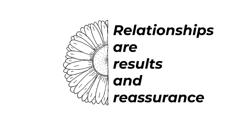 A line drawing of half a flower with the phrase "Relationships are results and reassurance" in bold next to it