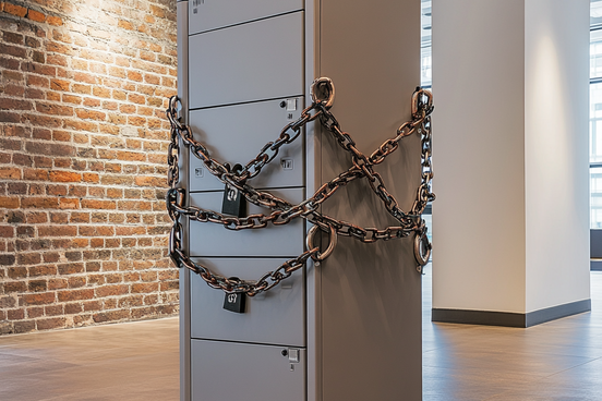 Filing cabinet with chains around it in empty office